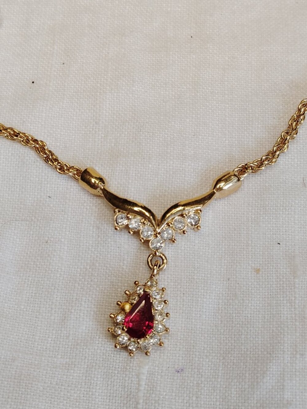 Roman Vintage Gold‑Tone Necklace with Red Teardrop Rhinestone & Clear Accents